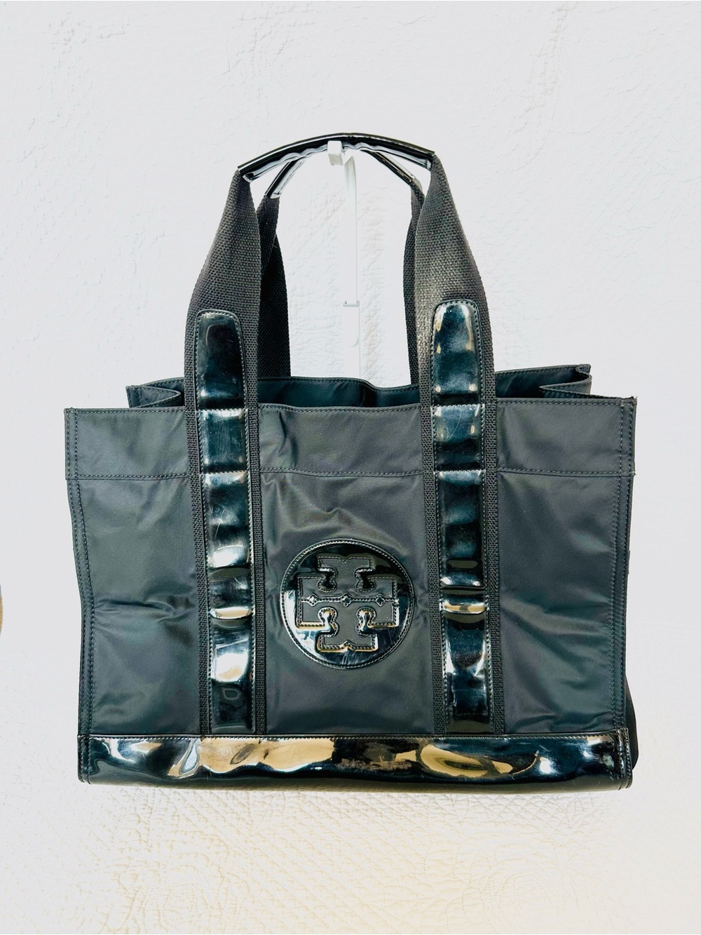 Tory Burch Black Nylon Tote with Patent Trim and Logo